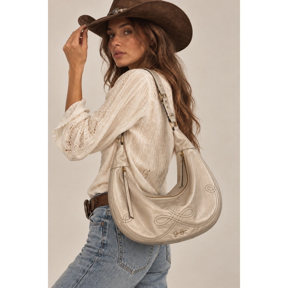 Jessica Simpson Hobo Crescent Bag Purse Champagne Metallic Embroidered Western